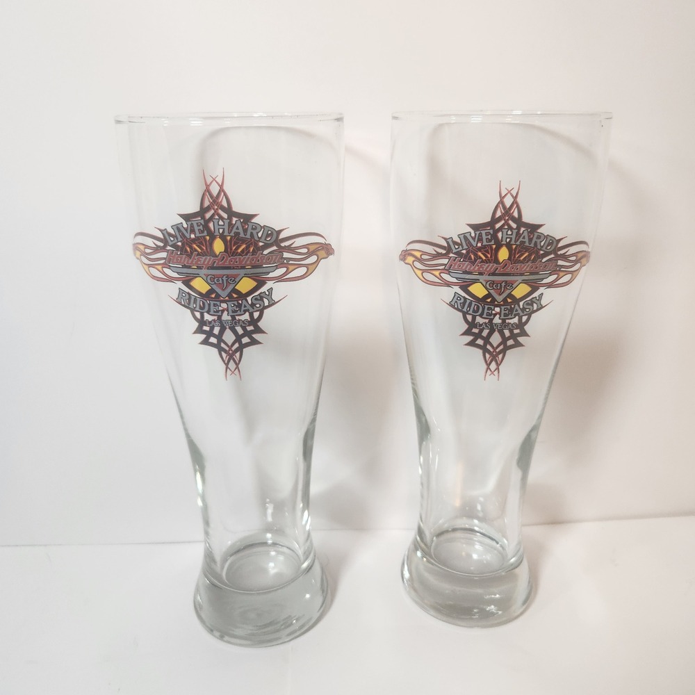 Harley Davidson Cafe Las Vegas Pilsner Glass Set Live Hard Ride Easy‎ 9 Inch 2pc